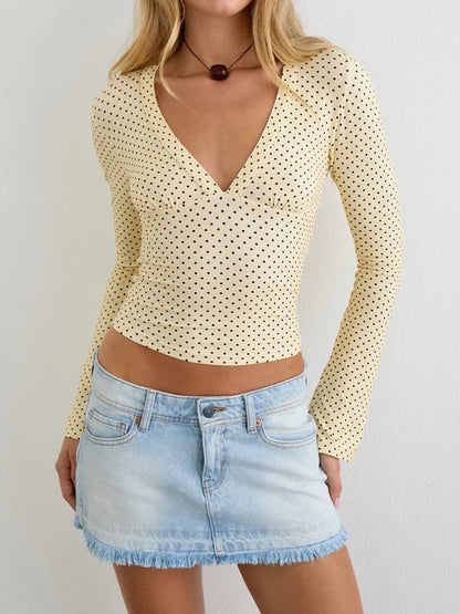 JULISSA MO Print Polka Dots Deep V-neck Women T-shirt Long Sleeve Casual Short T-shirt Summer Skinny Fashion Holiday Streetwear