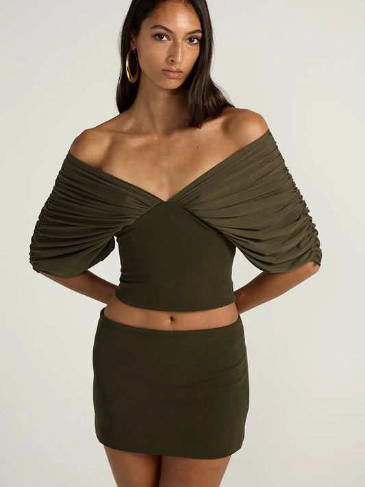 JULISSA MO Sexy Deep V-neck Off Shoulder Women T-shirt Green Short Sleeve Backless T-shirt Summer Slim Casual Vacation Beachwear