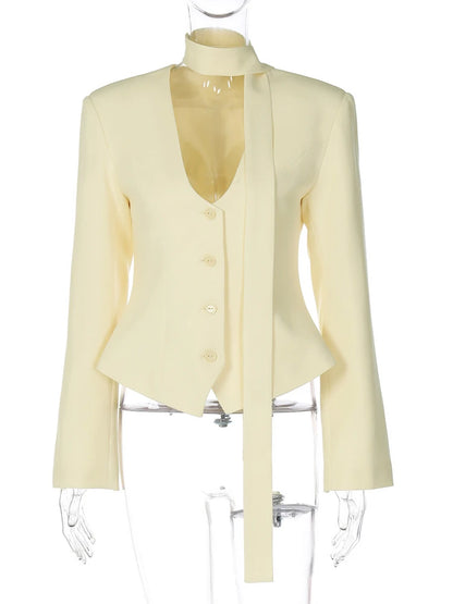 JULISSA MO Sexy Deep V-neck Ribbons Women Blazers White Long Sleeve Single Breasted Blazer Autumn Slim Elegant Official Clothing