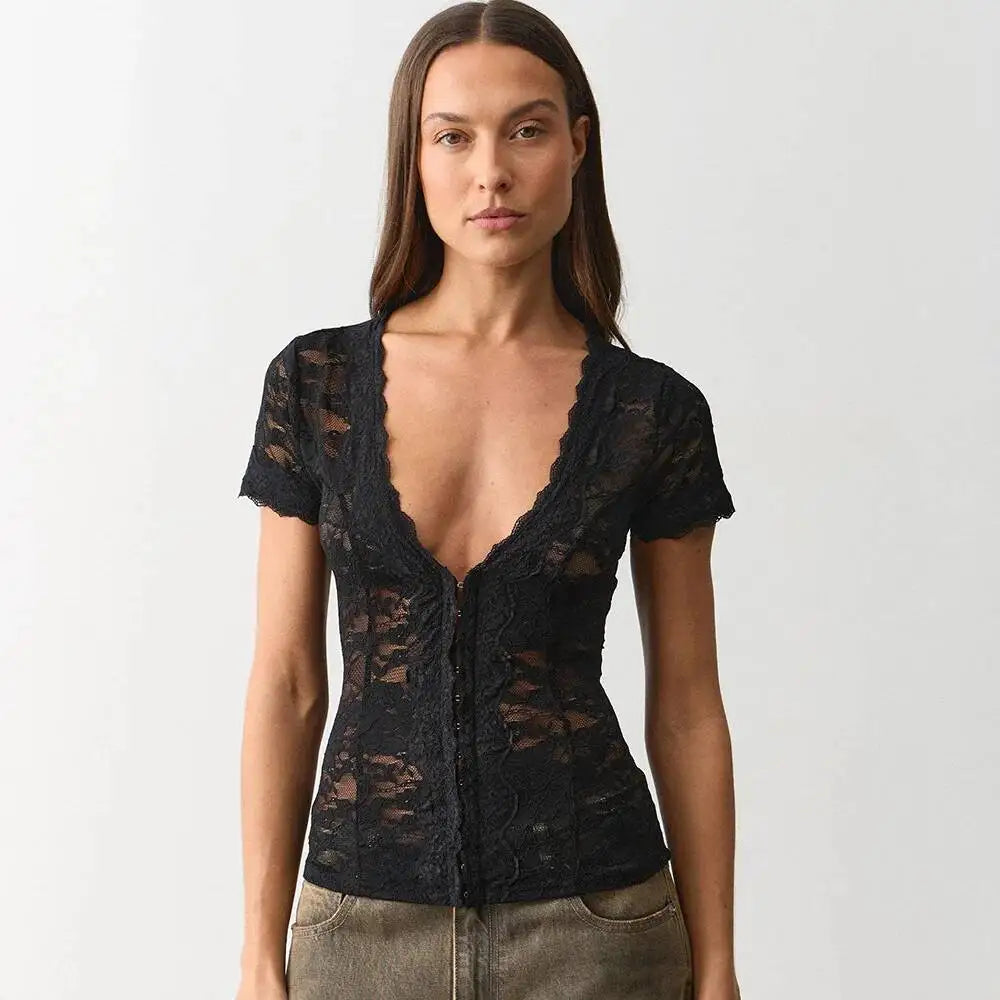 JULISSA MO Sexy Deep V-neck Sheer Lace Women T-shirt Black Short Sleeve Floral T-shirt Summer Skinny Casual Vacation Streetwear
