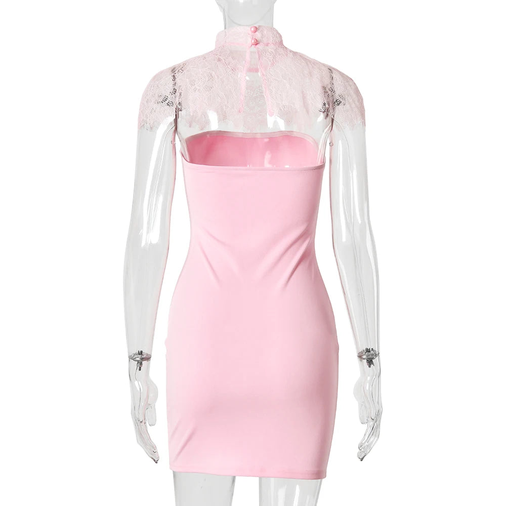 JULISSA MO Sexy Strapless Turtleneck Lace Women Mini Dress Sleeveless See Through Dress Summer Skinny Elegant Party Club Dresses