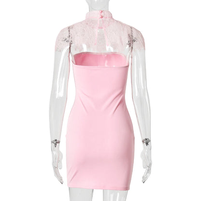 JULISSA MO Sexy Strapless Turtleneck Lace Women Mini Dress Sleeveless See Through Dress Summer Skinny Elegant Party Club Dresses