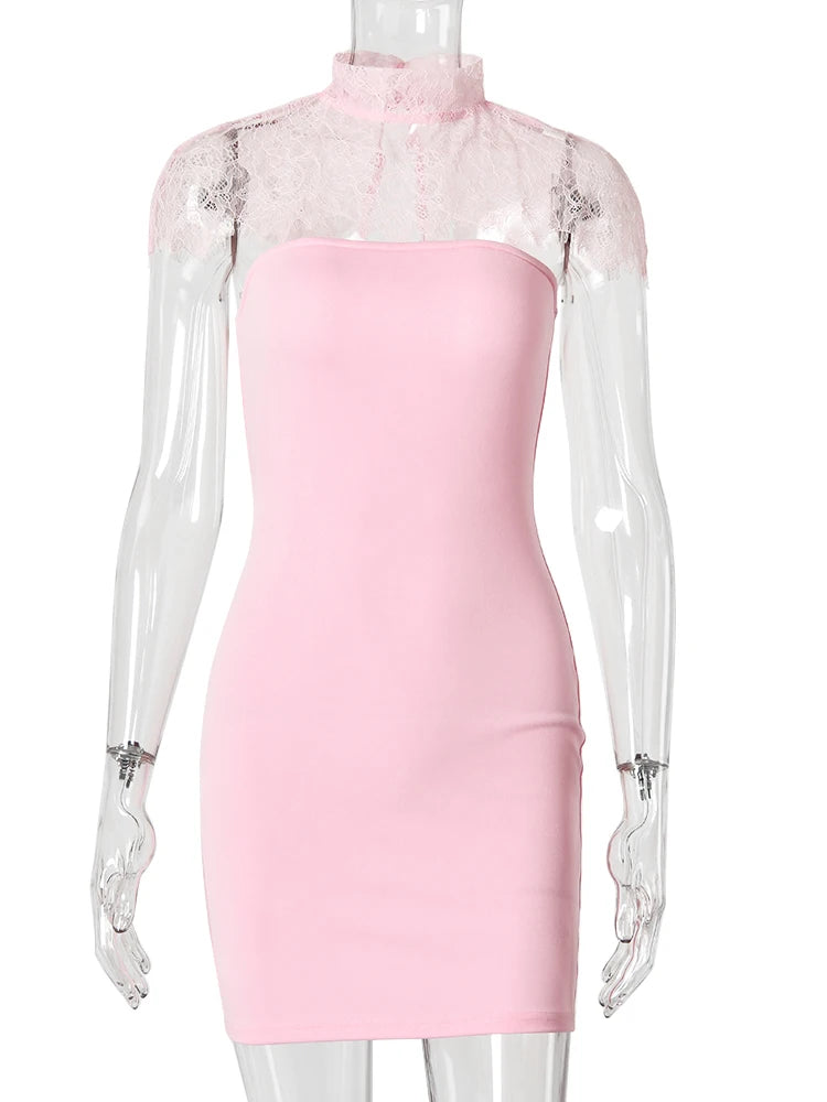 JULISSA MO Sexy Strapless Turtleneck Lace Women Mini Dress Sleeveless See Through Dress Summer Skinny Elegant Party Club Dresses