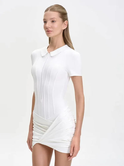 JULISSA MO Irregular Turn-down Collar Zipper Women Bodysuit Short Sleeve High Waist Bodysuit Autumn Slim Elegant Sporty Playsuit
