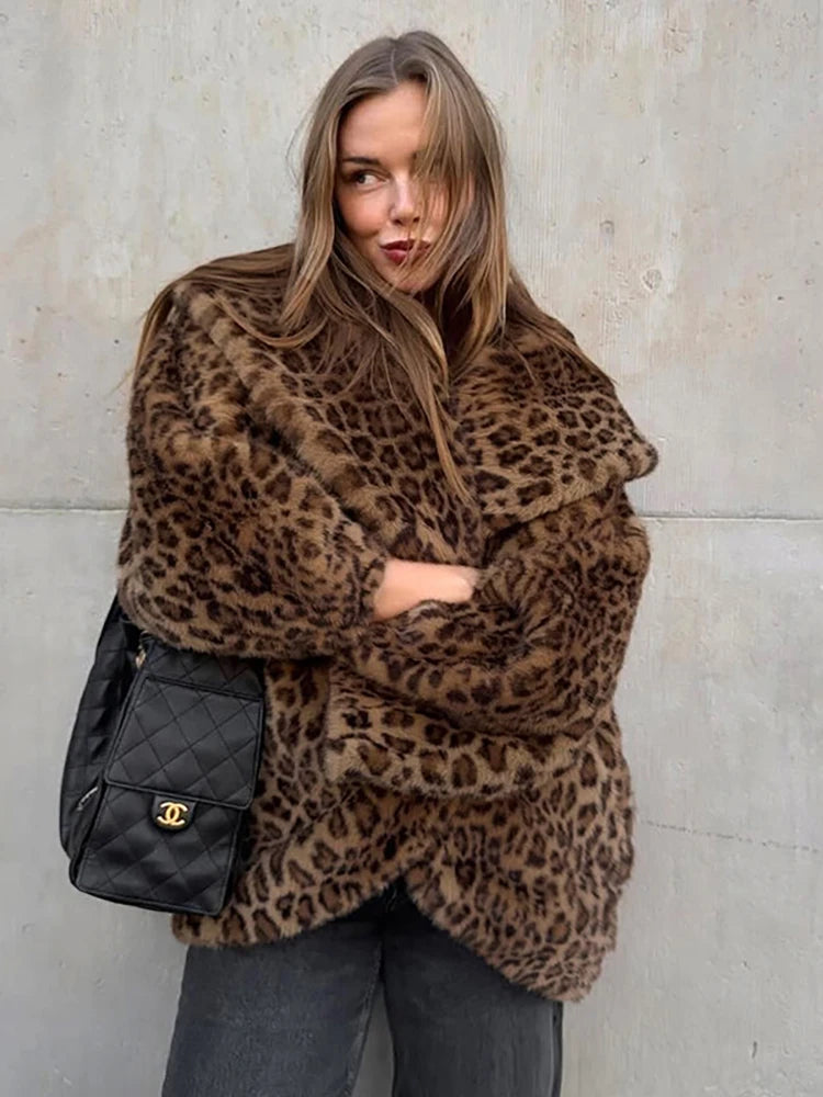 JULISSA MO Winter Warm Thickened Printed Leopard Turn-down Collar Women Coat Long Sleeve Party Club Loose Elegant Women Clothing