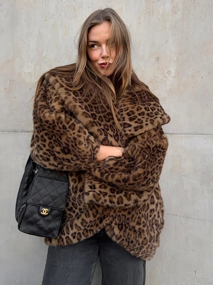 JULISSA MO Winter Warm Thickened Printed Leopard Turn-down Collar Women Coat Long Sleeve Party Club Loose Elegant Women Clothing