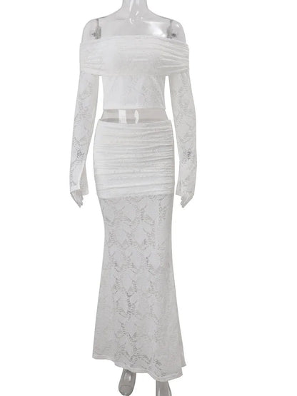 JULISSA MO Sexy Off Shoulder Two Piece Sets Women Skirt Suit White Long Sleeve Top Long Skirt Autumn Slim Elegant Skirt Set 2025