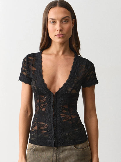 JULISSA MO Sexy Deep V-neck Sheer Lace Women T-shirt Black Short Sleeve Floral T-shirt Summer Skinny Casual Vacation Streetwear
