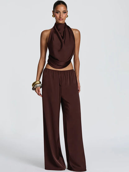 JULISSA MO Sexy Backless Print Leopard Halter Women Pant Set Sleeveless Tops Long Wide Pants Summer Loose Casual Two Piece Sets