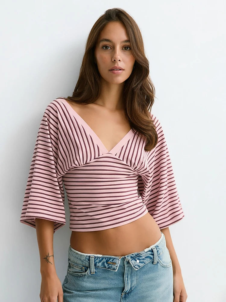JULISSA MO Sexy V-neck Print Striped Women T-shirt Pink Mid Sleeve Backless Short Female T-shirt Summer Loose Casual Streetwear