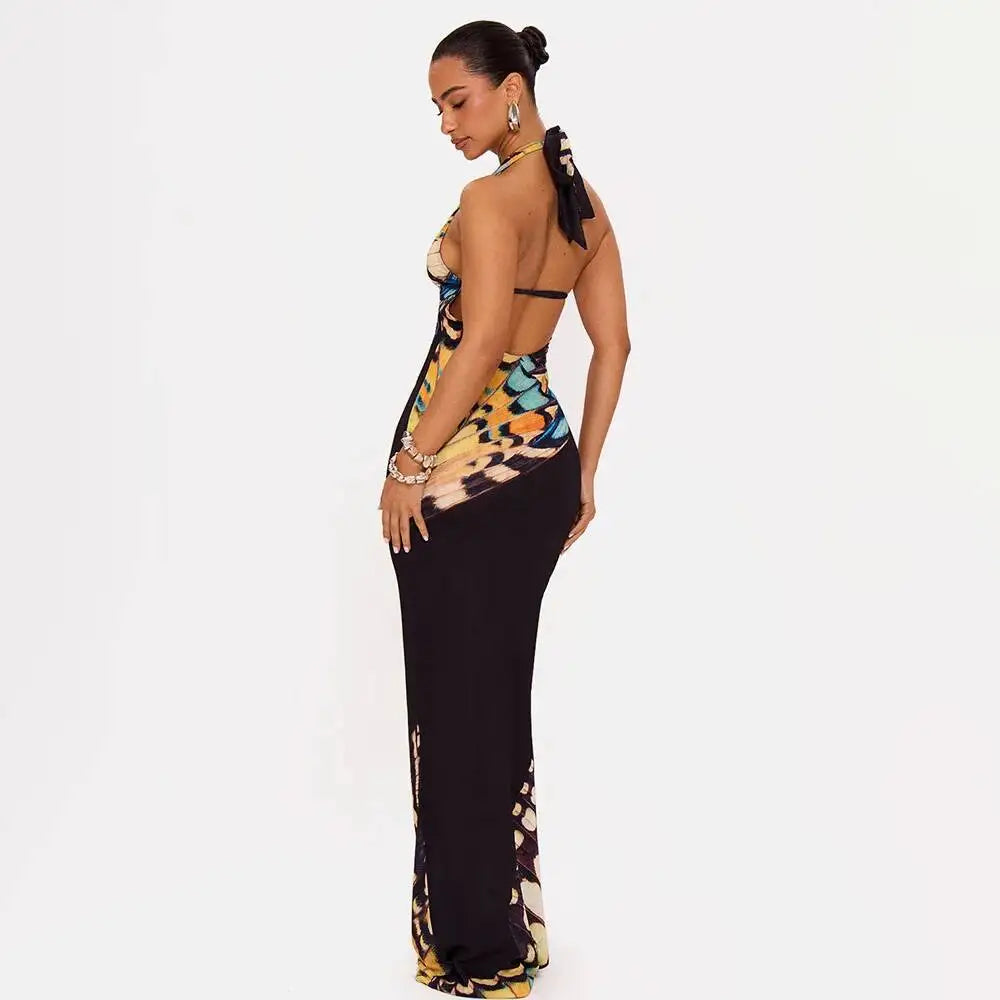 JULISSA MO Sexy Deep V-neck Print Halter Women Maxi Dress Black Backless High Waist Dress Summer New Elegant Party Evening Dress