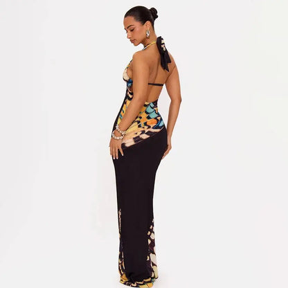 JULISSA MO Sexy Deep V-neck Print Halter Women Maxi Dress Black Backless High Waist Dress Summer New Elegant Party Evening Dress