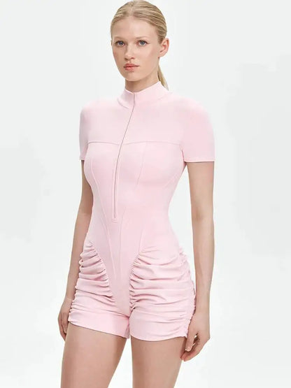 JULISSA MO Turtleneck Yoga Short Sleeve Zipper Women Playsuit High Waist Ruched Bodysuit Summer Slim Casual Sporty Playsuit New