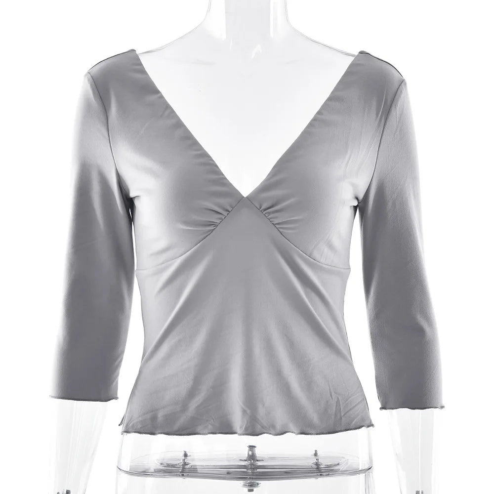 JULISSA MO Sexy Deep V-neck Side Slit Women T-shirt Apricot Half Sleeve Y2k Short T-shirts Female Summer Slim Casual Streetwear