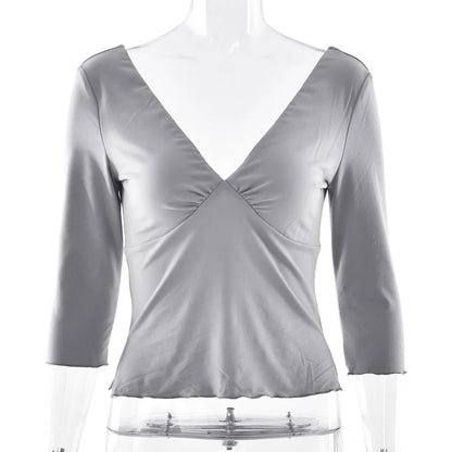JULISSA MO Sexy Deep V-neck Side Slit Women T-shirt Apricot Half Sleeve Y2k Short T-shirts Female Summer Slim Casual Streetwear