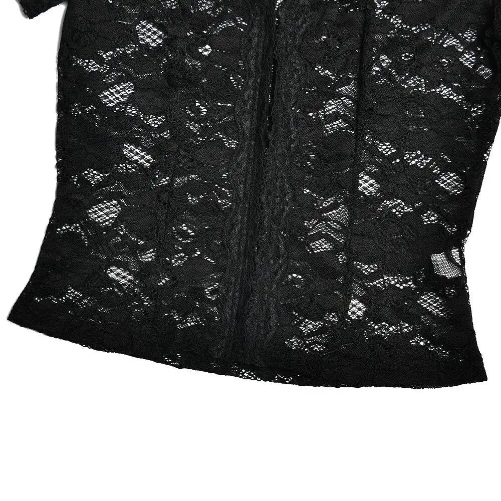 JULISSA MO Sexy Deep V-neck Sheer Lace Women T-shirt Black Short Sleeve Floral T-shirt Summer Skinny Casual Vacation Streetwear