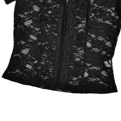 JULISSA MO Sexy Deep V-neck Sheer Lace Women T-shirt Black Short Sleeve Floral T-shirt Summer Skinny Casual Vacation Streetwear