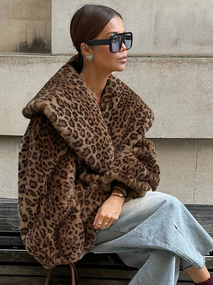 JULISSA MO Winter Warm Thickened Printed Leopard Turn-down Collar Women Coat Long Sleeve Party Club Loose Elegant Women Clothing