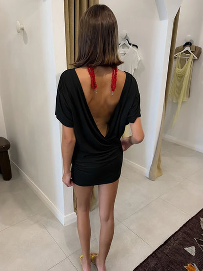 JULISSA MO Deep V-neck Ruched Mini Dress Women Backless Short Sleeve High Wasit Dresses Spring Bodycon Elegant Party Club Dress