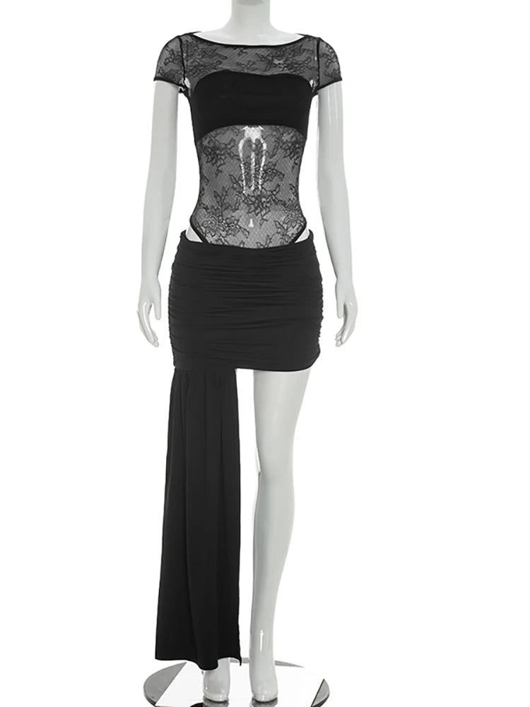JULISSA MO Sexy See Through Lace Ribbons Women Skirt Set Black Round Neck Bodysuit Mini Skirt Summer Slim Elegant Two Piece Sets