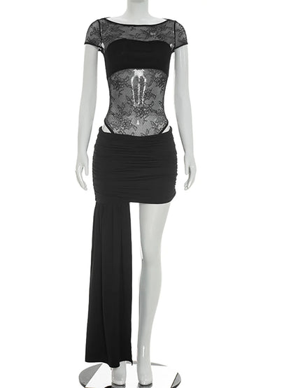 JULISSA MO Sexy See Through Lace Ribbons Women Skirt Set Black Round Neck Bodysuit Mini Skirt Summer Slim Elegant Two Piece Sets