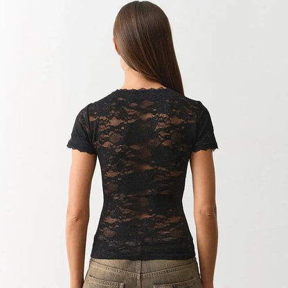 JULISSA MO Sexy Deep V-neck Sheer Lace Women T-shirt Black Short Sleeve Floral T-shirt Summer Skinny Casual Vacation Streetwear