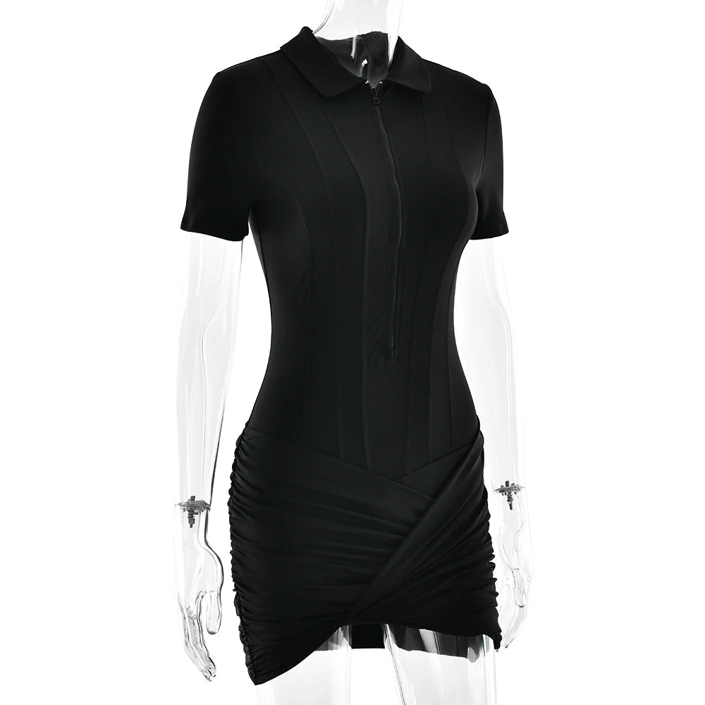 JULISSA MO Irregular Turn-down Collar Zipper Women Bodysuit Short Sleeve High Waist Bodysuit Autumn Slim Elegant Sporty Playsuit