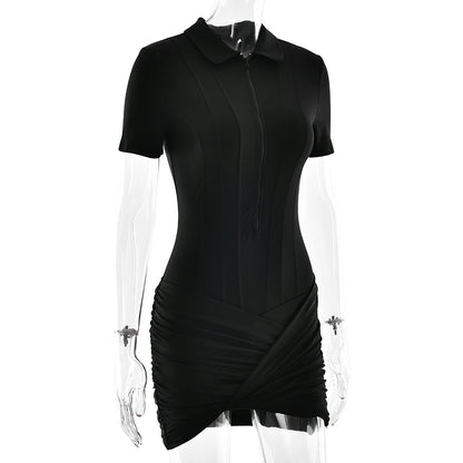 JULISSA MO Irregular Turn-down Collar Zipper Women Bodysuit Short Sleeve High Waist Bodysuit Autumn Slim Elegant Sporty Playsuit