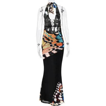 JULISSA MO Sexy Deep V-neck Print Halter Women Maxi Dress Black Backless High Waist Dress Summer New Elegant Party Evening Dress