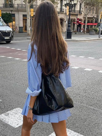 JULISSA MO Print Striped Turn-down Collar Women Two Piece Sets Long Sleeve Shirt Mini Pleated Skirt Summer Slim Casual Skirt Set