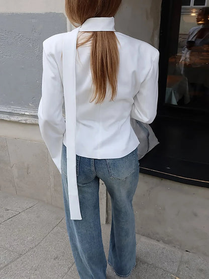 JULISSA MO Sexy Deep V-neck Ribbons Women Blazers White Long Sleeve Single Breasted Blazer Autumn Slim Elegant Official Clothing