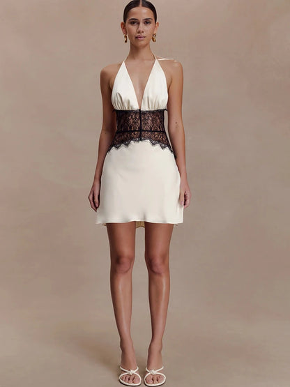 JULISSA MO Patchwork Lace Sexy Backless Mini Dress Women White Deep V-neck Halter Dress Winter Skinny Elegant Party Club Dresses