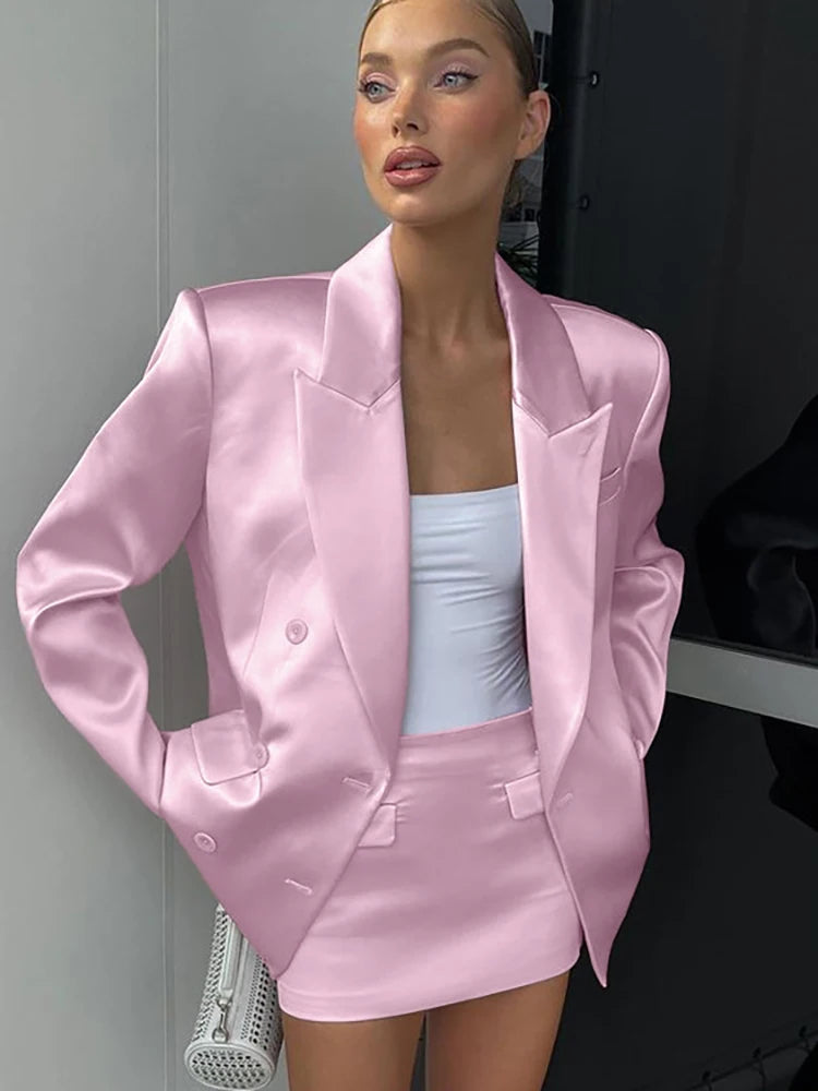 JULISSA MO Satin Turn-down Collar Button Women Blazer Sets Pink Long Sleeve Blazer Mini Skirt Summer Slim Casual Two Piece Sets