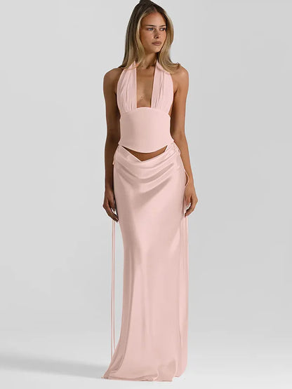 JULISSA MO Sexy Deep V-neck 2 Piece Sets Women Skirt Suit Brown Backless Top Long Drawstring Skirt Spring Slim Elegant Skirt Set