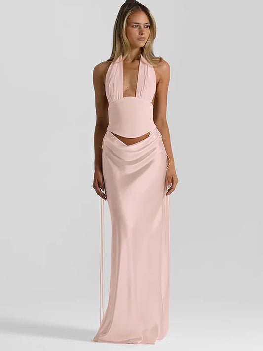 JULISSA MO Sexy Deep V-neck 2 Piece Sets Women Skirt Suit Brown Backless Top Long Drawstring Skirt Spring Slim Elegant Skirt Set