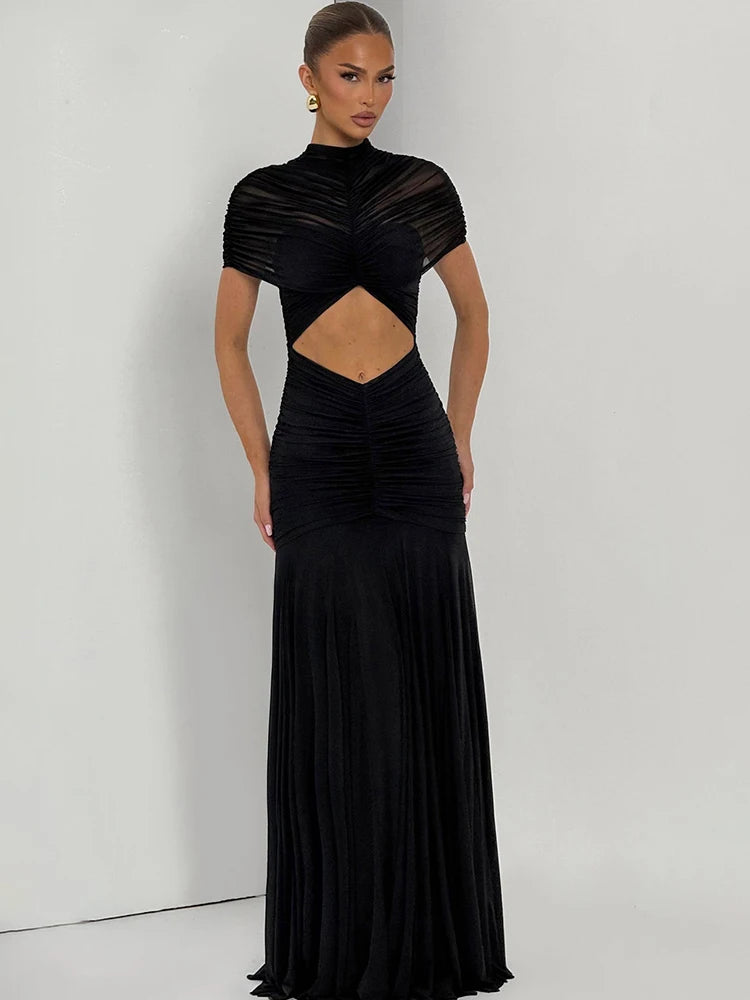 JULISSA MO Patchwork Sexy Hollow Out Sheer Mesh Women Maxi Dress Turtleneck Ruched Dress Spring Slim Elegant Party Evening Dress