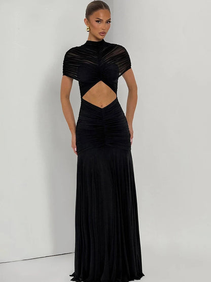 JULISSA MO Patchwork Sexy Hollow Out Sheer Mesh Women Maxi Dress Turtleneck Ruched Dress Spring Slim Elegant Party Evening Dress