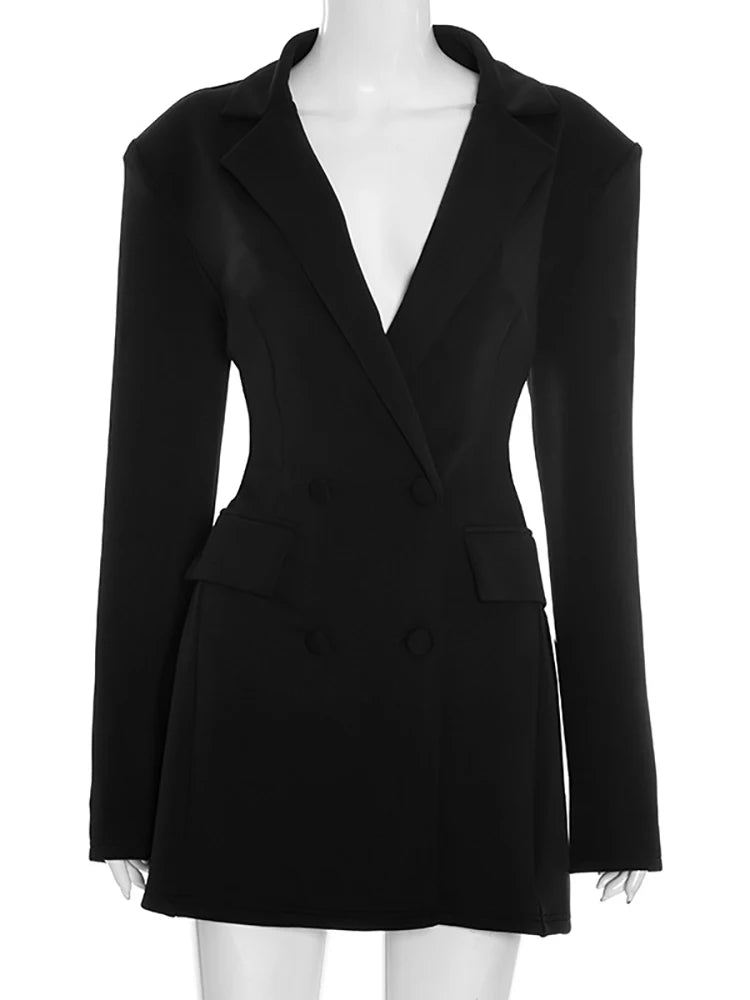 JULISSA MO Sexy Notched Collar Double Button Women Blazer Dress Black Long Sleeve Mini Dress Autumn Slim Elegant Party Clubwear