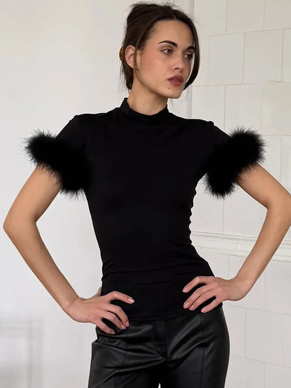JULISSA MO Turtleneck Patchwork Feather Sleeve Women T-shirts Short Sleeve Casual Short Tops Summer Slim Fashion Party Clubwear