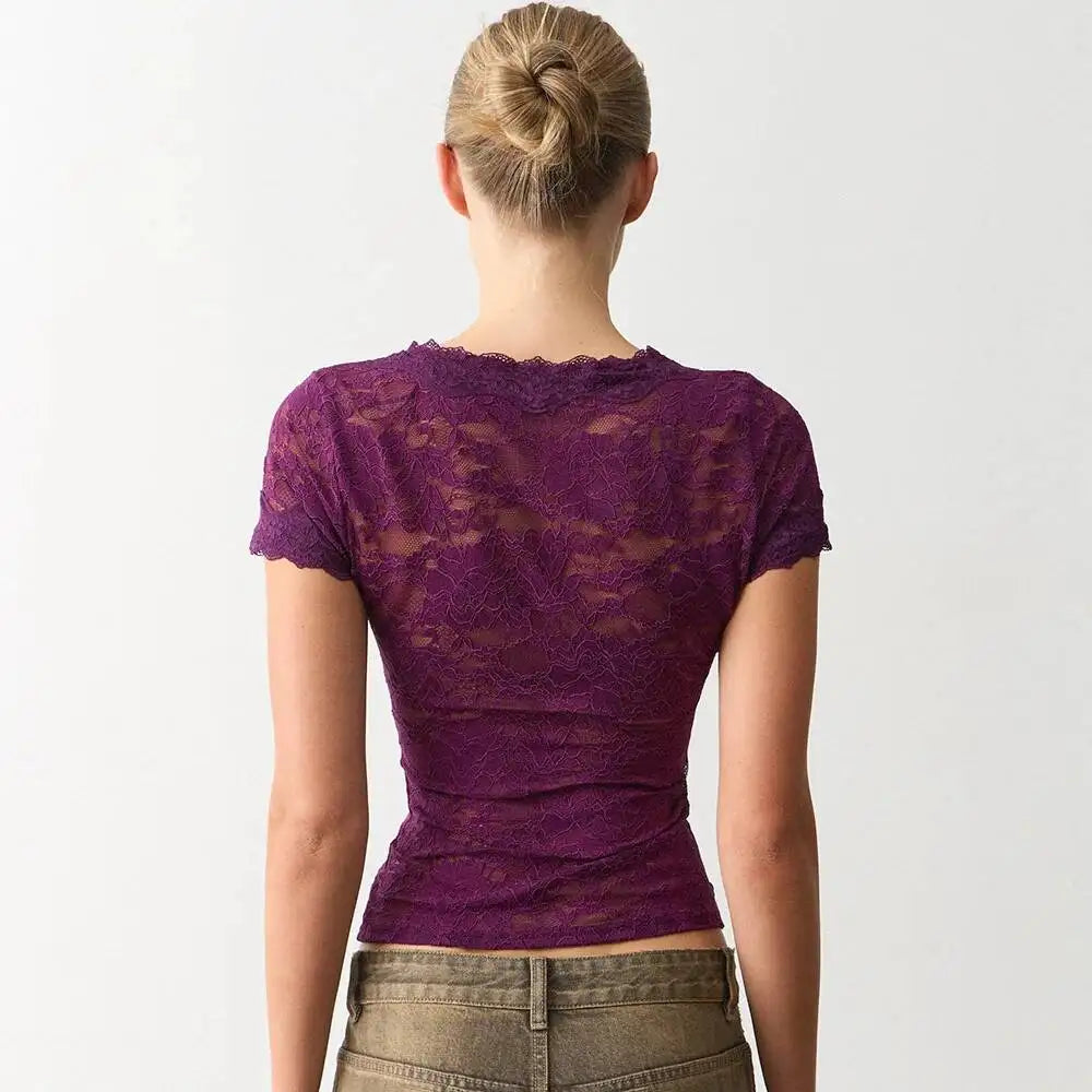 JULISSA MO Sexy Deep V-neck Sheer Lace Women T-shirt Black Short Sleeve Floral T-shirt Summer Skinny Casual Vacation Streetwear
