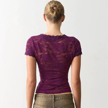 JULISSA MO Sexy Deep V-neck Sheer Lace Women T-shirt Black Short Sleeve Floral T-shirt Summer Skinny Casual Vacation Streetwear
