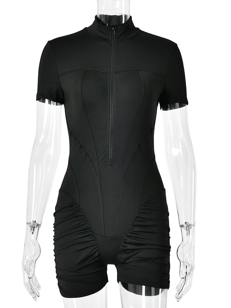 JULISSA MO Turtleneck Yoga Short Sleeve Zipper Women Playsuit High Waist Ruched Bodysuit Summer Slim Casual Sporty Playsuit New