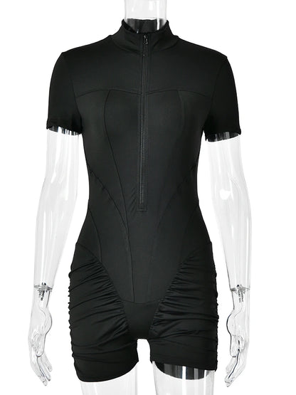 JULISSA MO Turtleneck Yoga Short Sleeve Zipper Women Playsuit High Waist Ruched Bodysuit Summer Slim Casual Sporty Playsuit New
