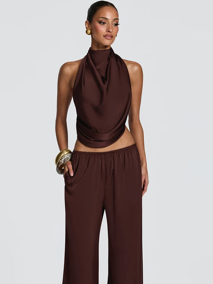 JULISSA MO Sexy Backless Print Leopard Halter Women Pant Set Sleeveless Tops Long Wide Pants Summer Loose Casual Two Piece Sets