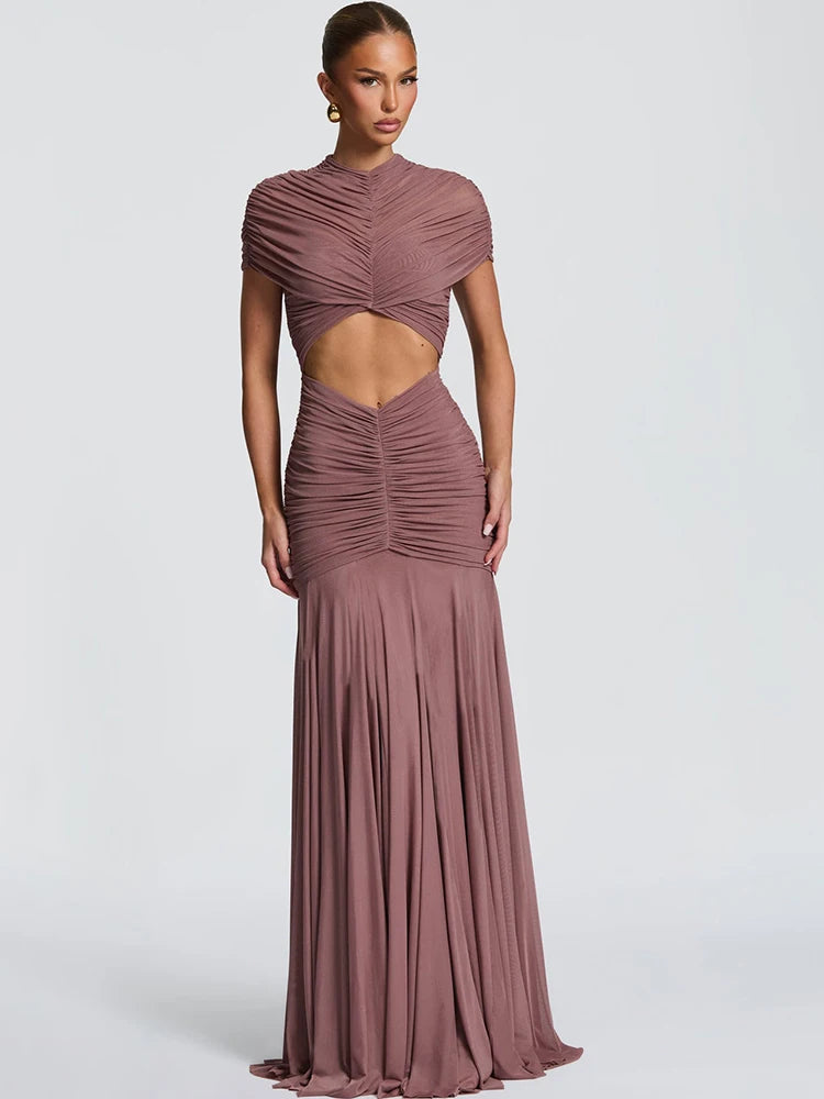 JULISSA MO Patchwork Sexy Hollow Out Sheer Mesh Women Maxi Dress Turtleneck Ruched Dress Spring Slim Elegant Party Evening Dress