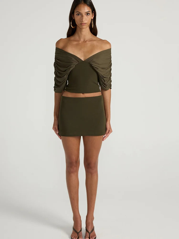JULISSA MO Sexy Deep V-neck Off Shoulder Women T-shirt Green Short Sleeve Backless T-shirt Summer Slim Casual Vacation Beachwear
