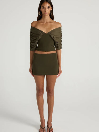 JULISSA MO Sexy Deep V-neck Off Shoulder Women T-shirt Green Short Sleeve Backless T-shirt Summer Slim Casual Vacation Beachwear