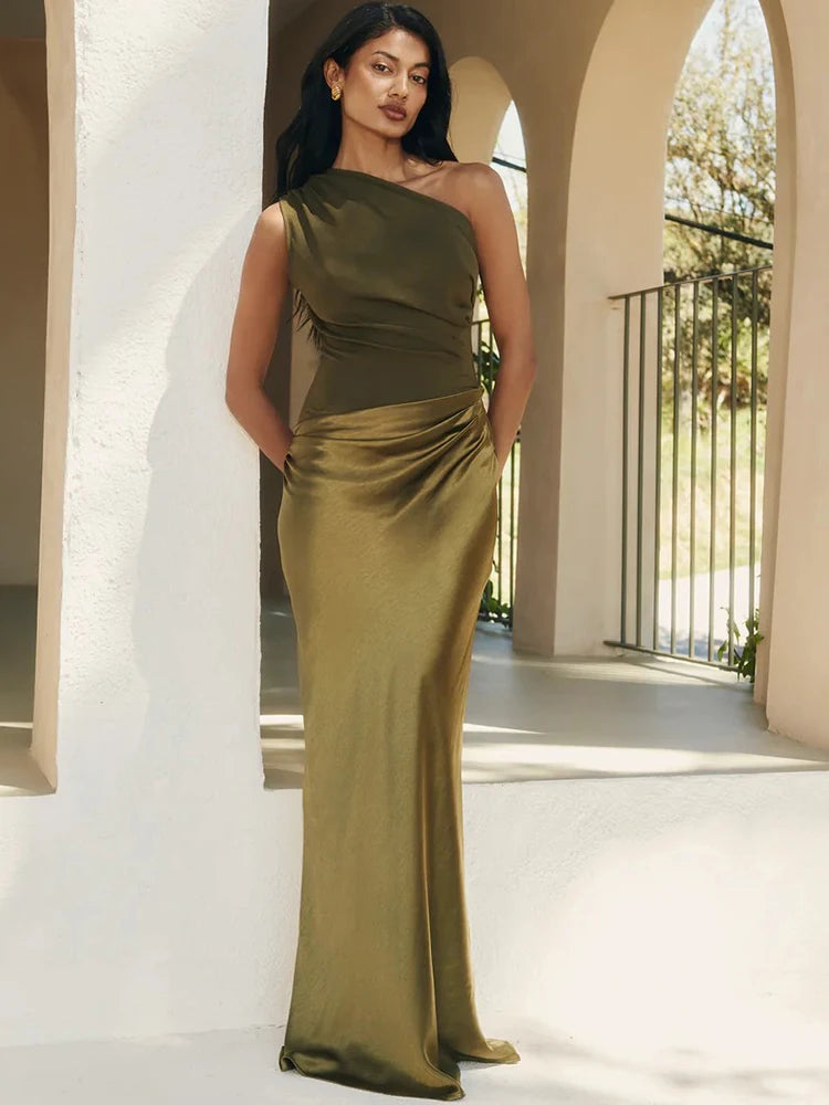 JULISSA MO Patchwork Satin Sexy One Shoulder Women Maxi Dress Brown Sleeveless Evening Dress Summer Slim Elegant Party Clubwear