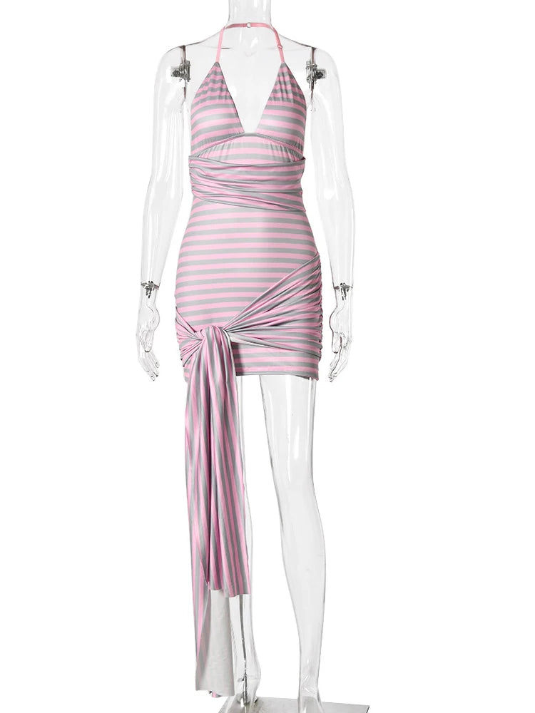 JULISSA MO Sexy Backless Print Striped Bandage Women Mini Dress Hollow Out Halter Dress Summer Skinny Elegant Party Club Dresses