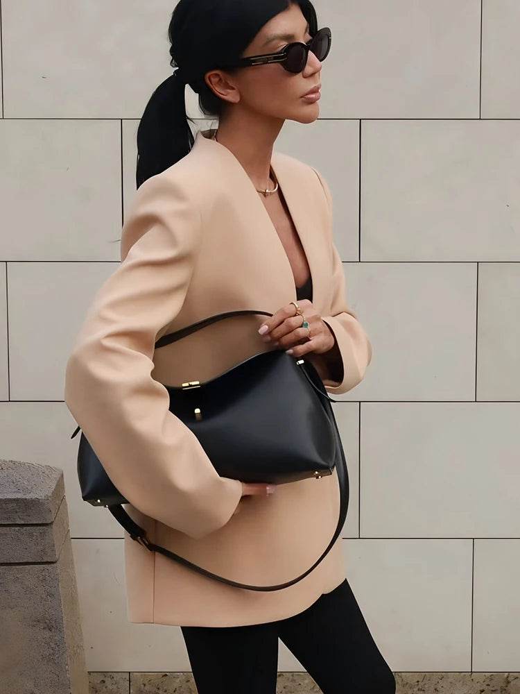 JULISSA MO Sexy Deep V-neck Single Button Women Blazer Black Long Sleeve Shoulder Pads Jackets Winter Loose Elegant Blazer Coat